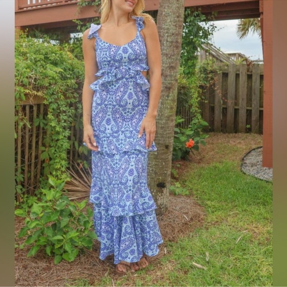 Blue and White Ruffled Tiered Sundress with Cap Sleeves